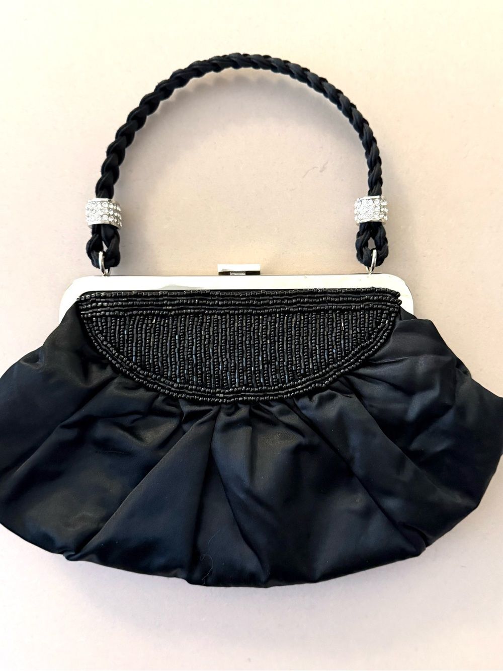 Kate Landry Black Satin Beaded Evening Clutch with Braided Handle